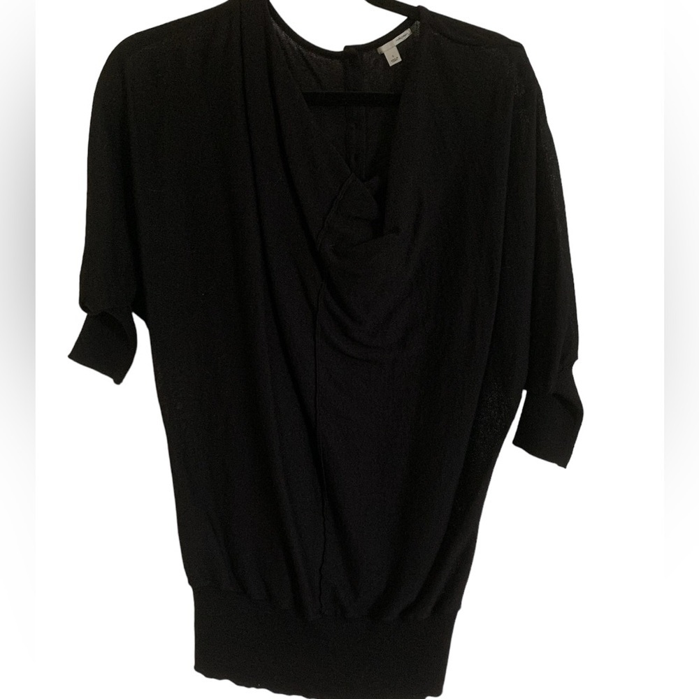 Halogen black sweater back buttons cape style 3/4 length gather sleeve